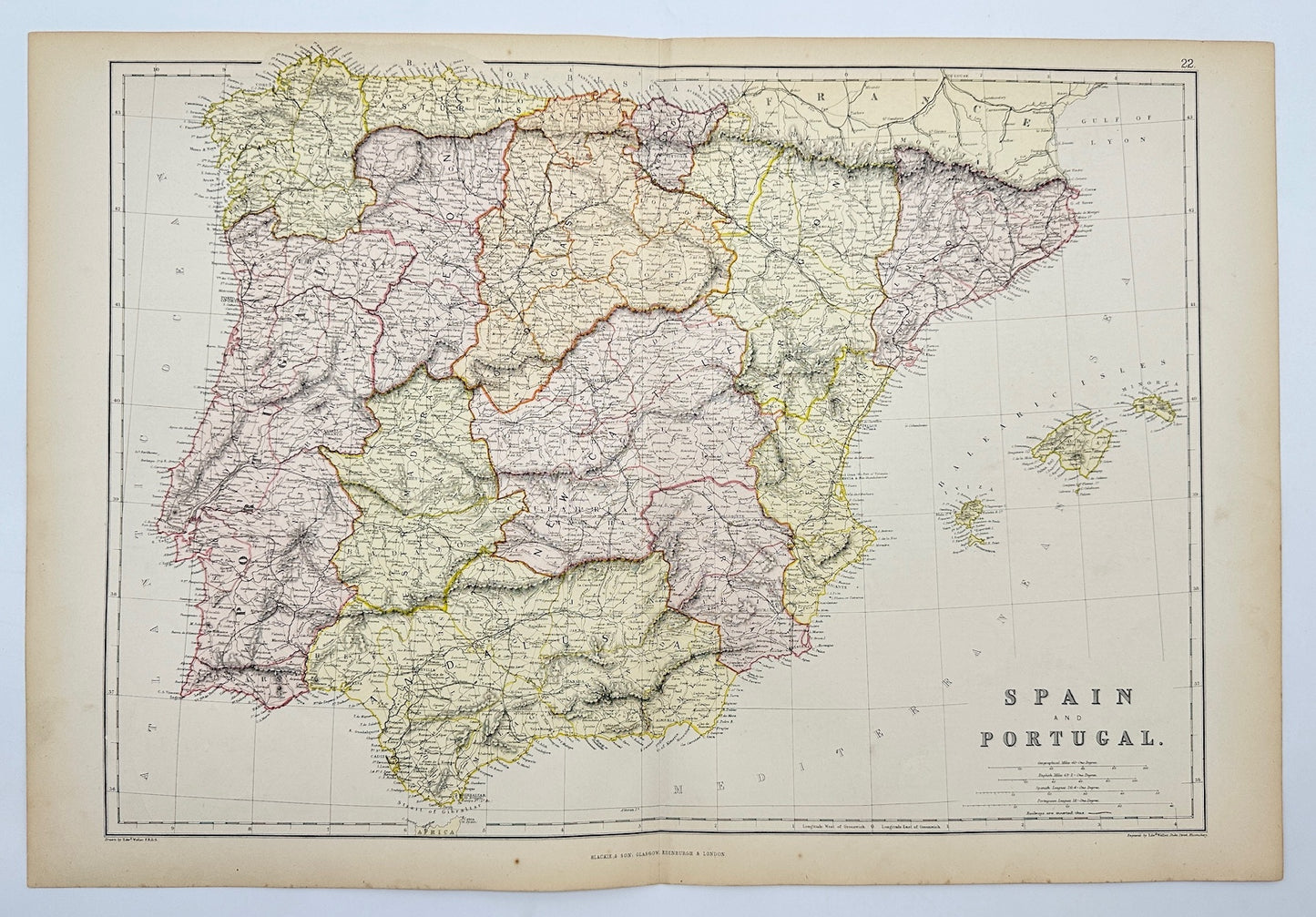 Antique Map - Walter Graham Blackie - Spain and Portugal - Atlantic Ocean - G3