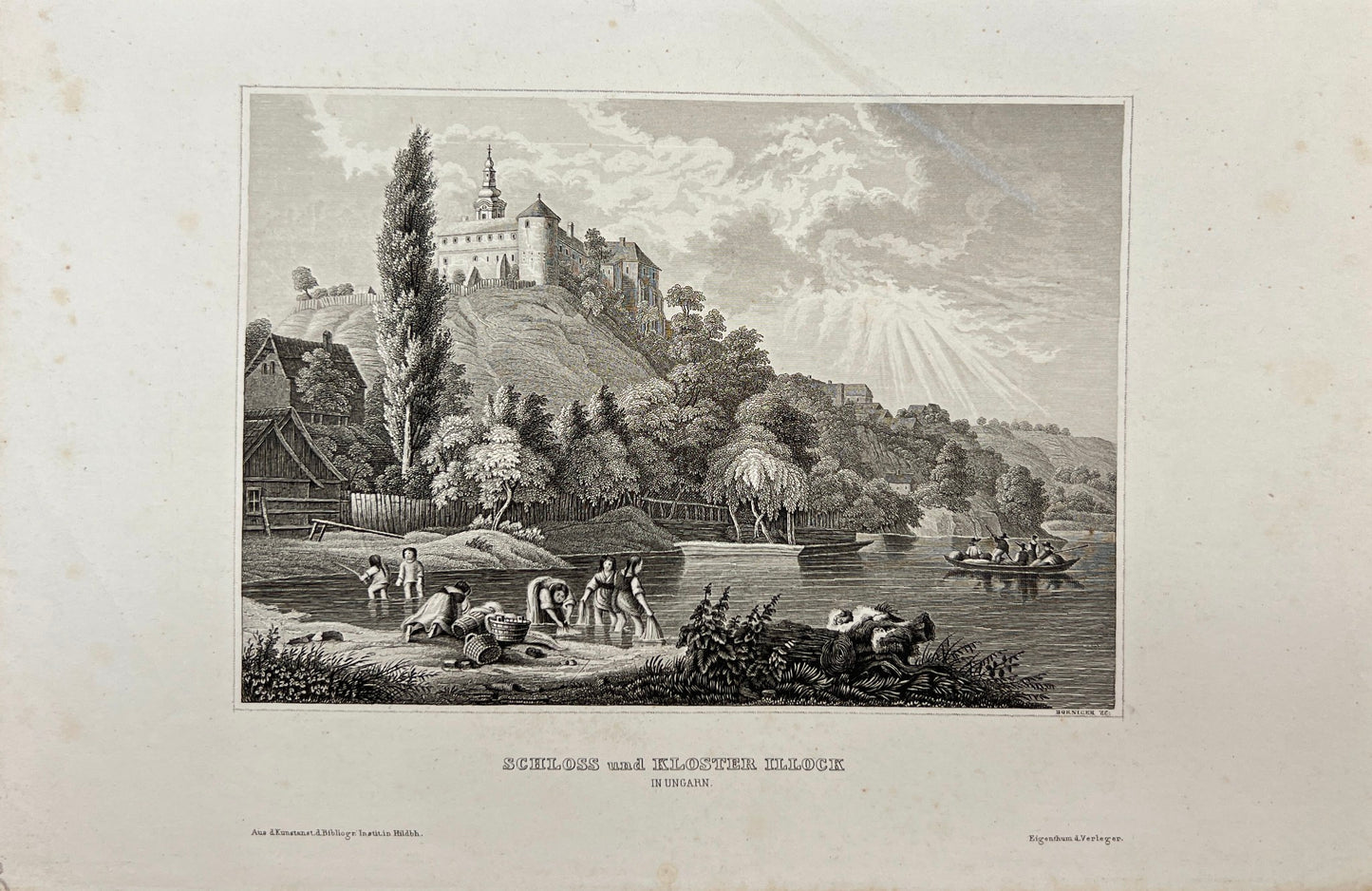 Antique Engraving - Karl Reiss - Iloock Castle and Monastery in Hungary - C2
