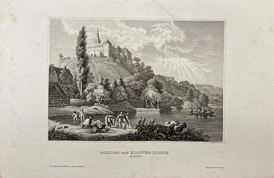 Antique Engraving - Karl Reiss - Iloock Castle and Monastery in Hungary - C2