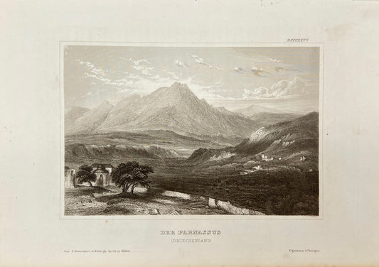 Antique Engraving - Karl Reiss - View of the city of Parnassus - Greece - E5