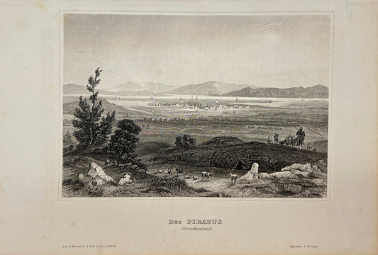 Antique Engraving - Karl Reiss - View of the city of Piraeus - Greece - E5