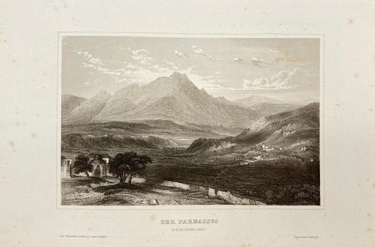 Original Antique Engraving - Karl Reiss - View of Parnassus - Greece - E5