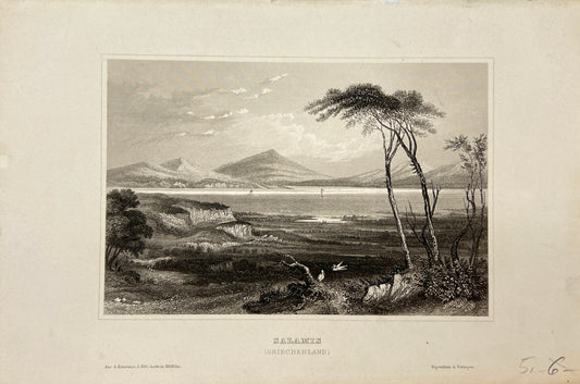 Original Antique Engraving - Karl Reiss - View of Salamis - Greece - E5