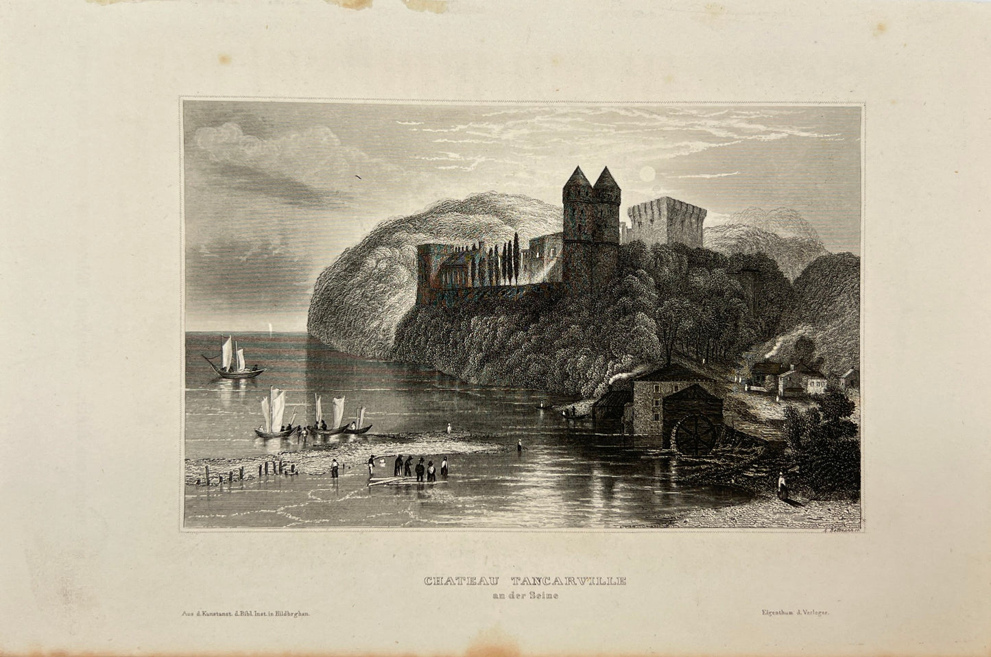 Antique Engraving - Karl Reiss - Chateau Tancarville on the Seine - France - E5