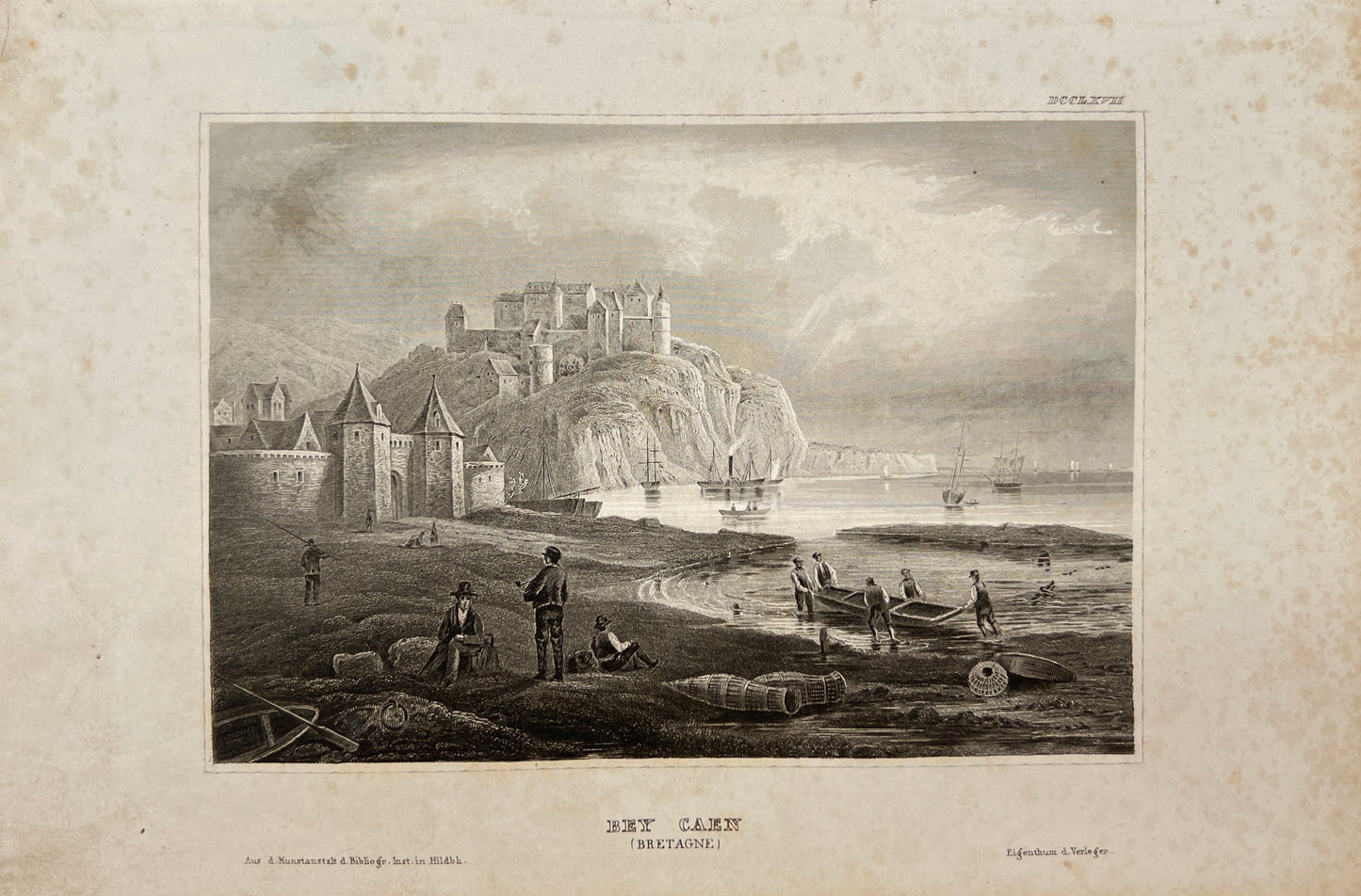 Antique Engraving - Karl Reiss - View of Bey Caen - Brittany - France - E5