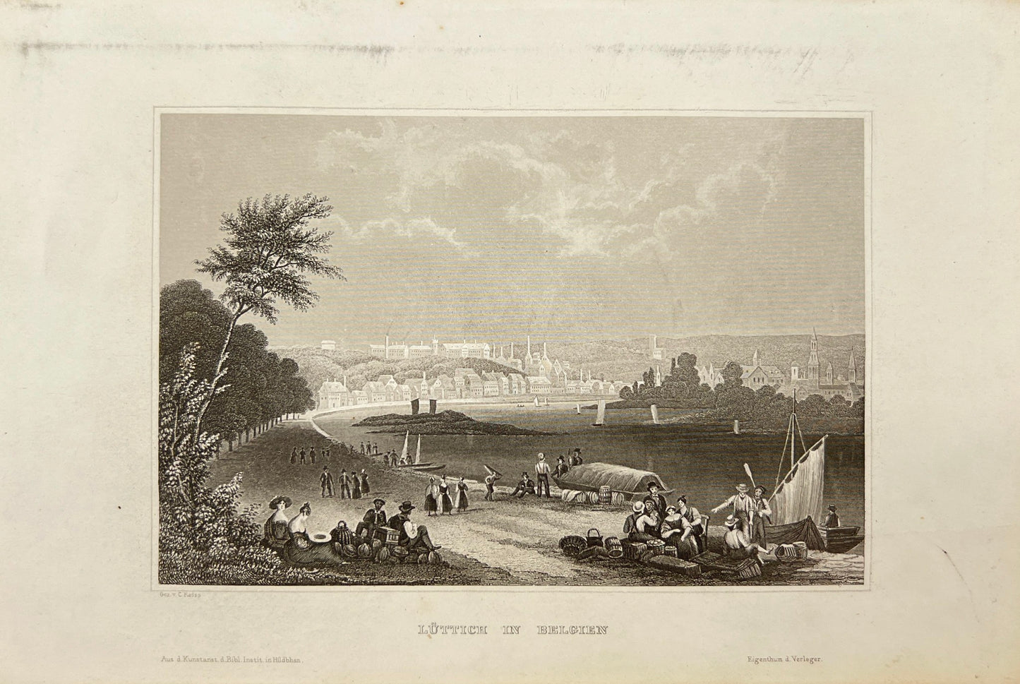 Antique Engraving - Karl Reiss - View of Liège in Belgium - Germany - E5