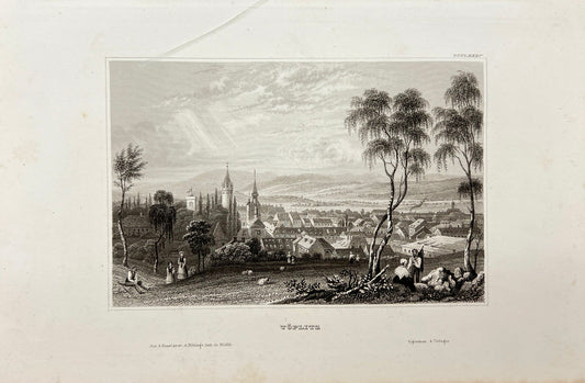 Original Antique Engraving - Karl Reiss - View of Teplice - Töplitz - E5