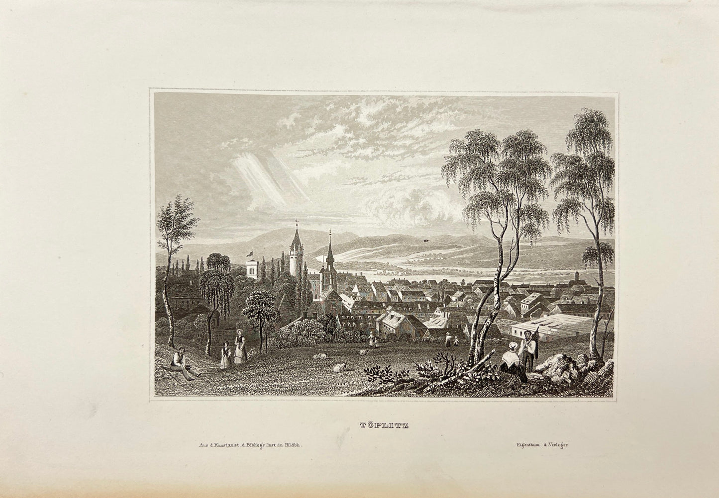 Original Antique Engraving - Karl Reiss - View of Teplitz - Töplitz - E5