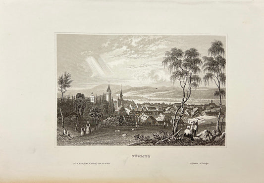 Original Antique Engraving - Karl Reiss - View of Teplitz - Töplitz - E5