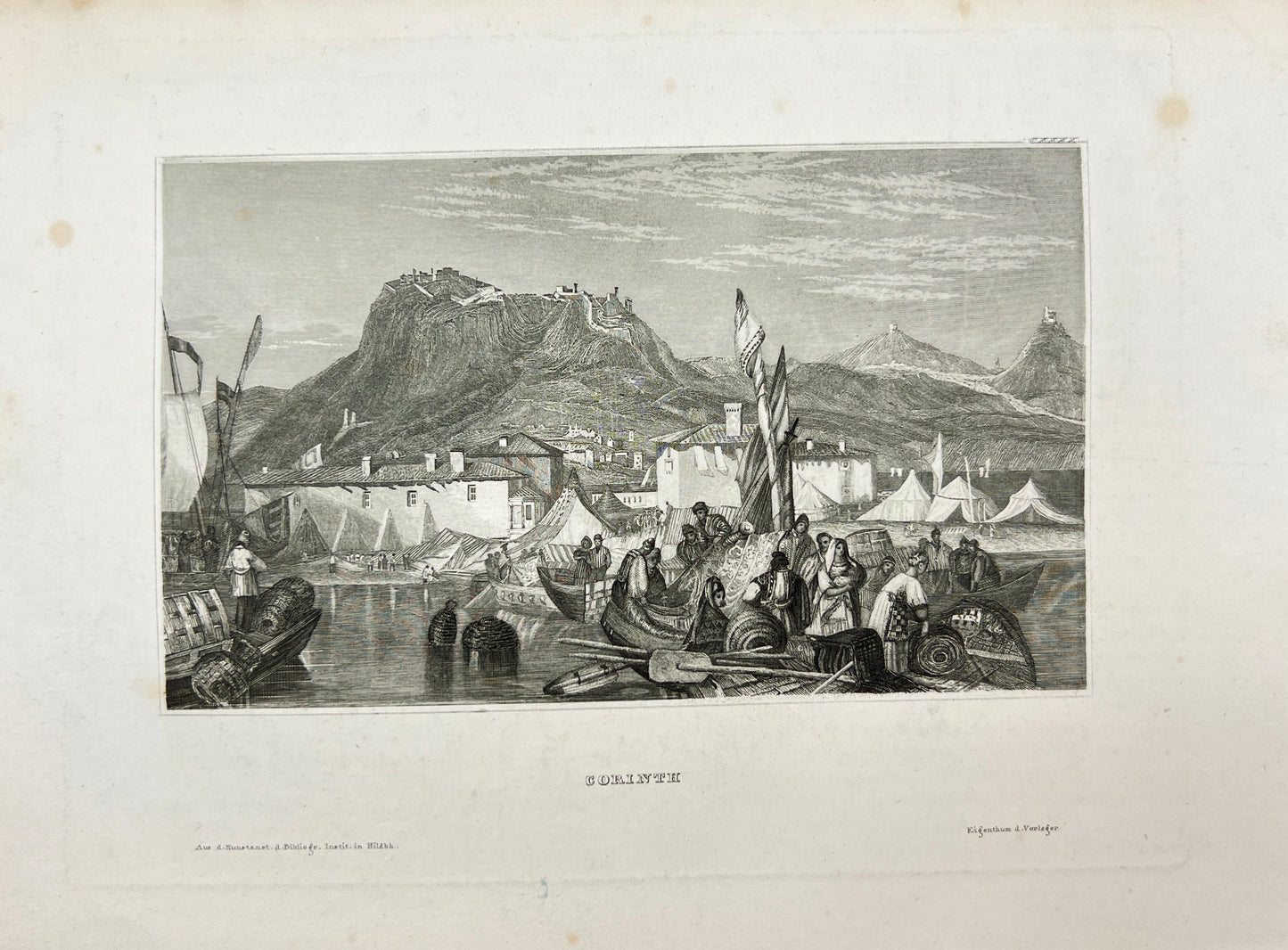 Antique Engraving - Karl Reiss - View of the city of Corinth in Greece - E5