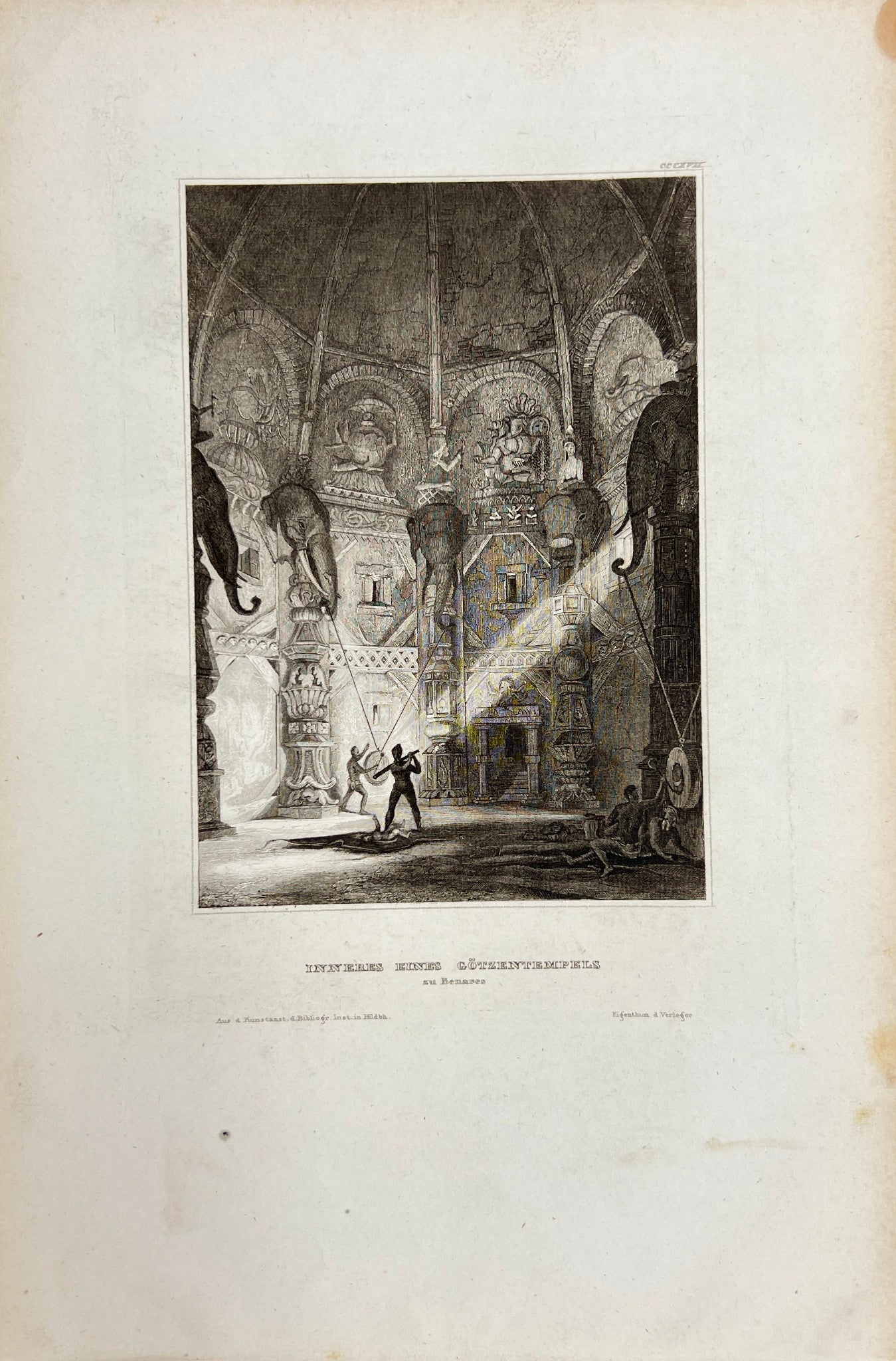 Antique Engraving - Karl Reiss - Interior of a Idol Temple in Benares - E5