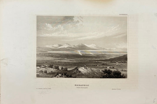 Antique Engraving - Karl Reiss - View of the City of Marathon in Greece - E5