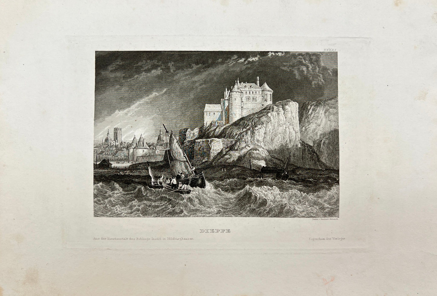 Original Antique Engraving - Karl Reiss - City of Dieppe in France - E5