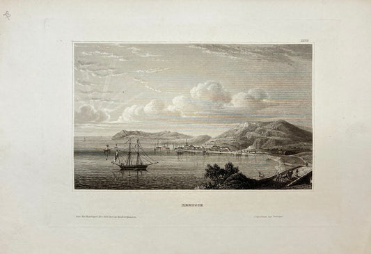 Original Antique Engraving - Karl Reiss - View of Kerch - Cream - E5