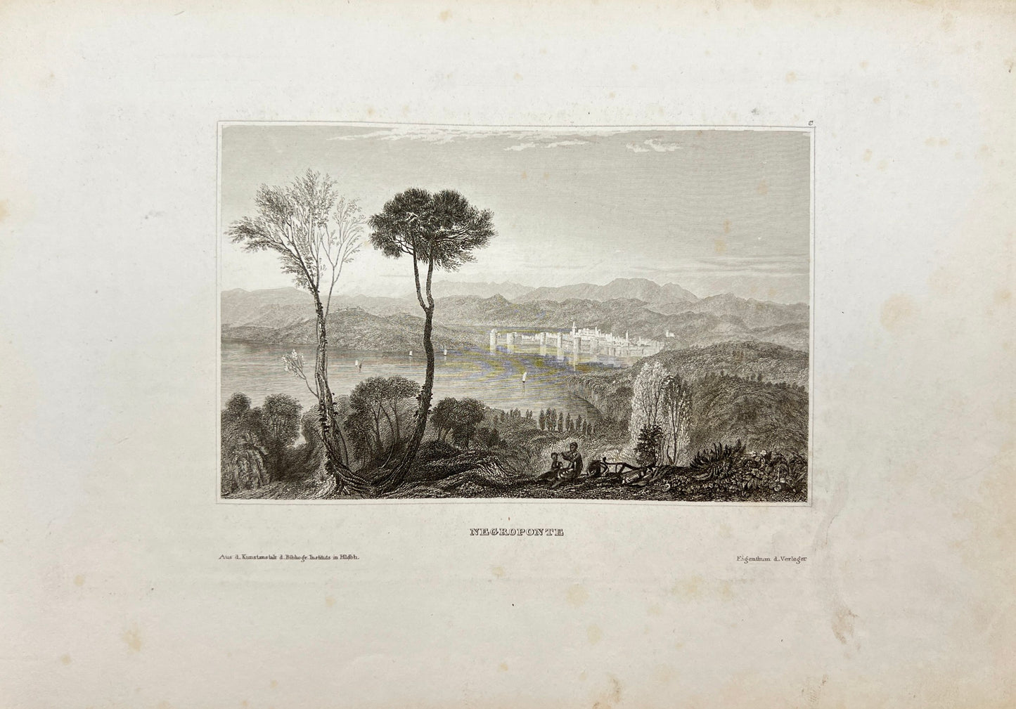 Original Antique Engraving - Karl Reiss - Negroponto in the Aegean Sea - E5