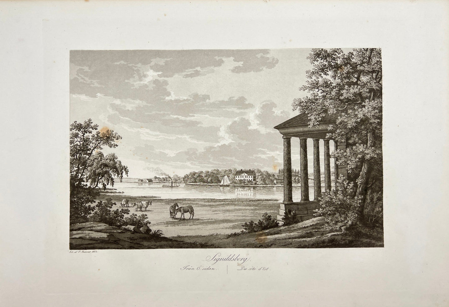 Antique Engraving - Ulrik Thersner - View of Signhildsberg in Sweden - E3