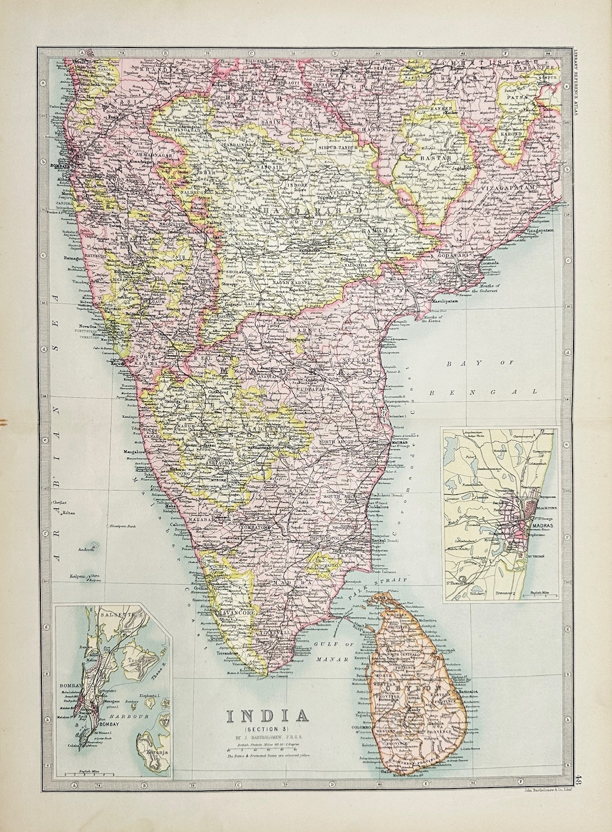 Original Antique Map - John Bartholomew - South India - Madras - Bombay - G3