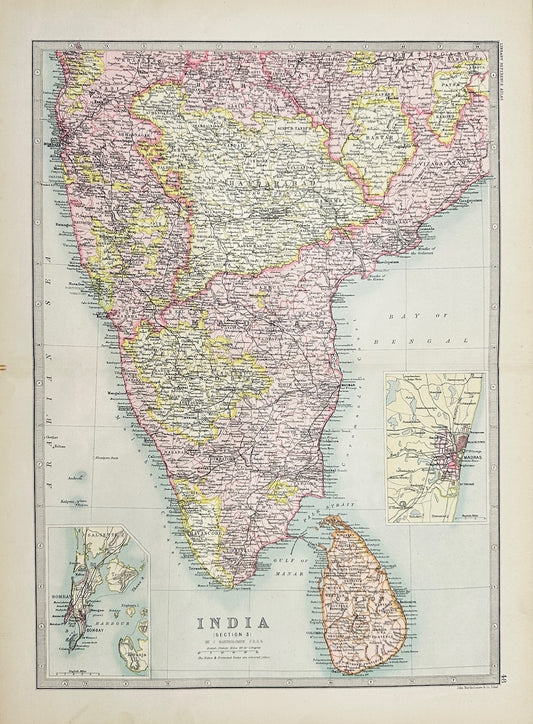 Original Antique Map - John Bartholomew - South India - Madras - Bombay - G3