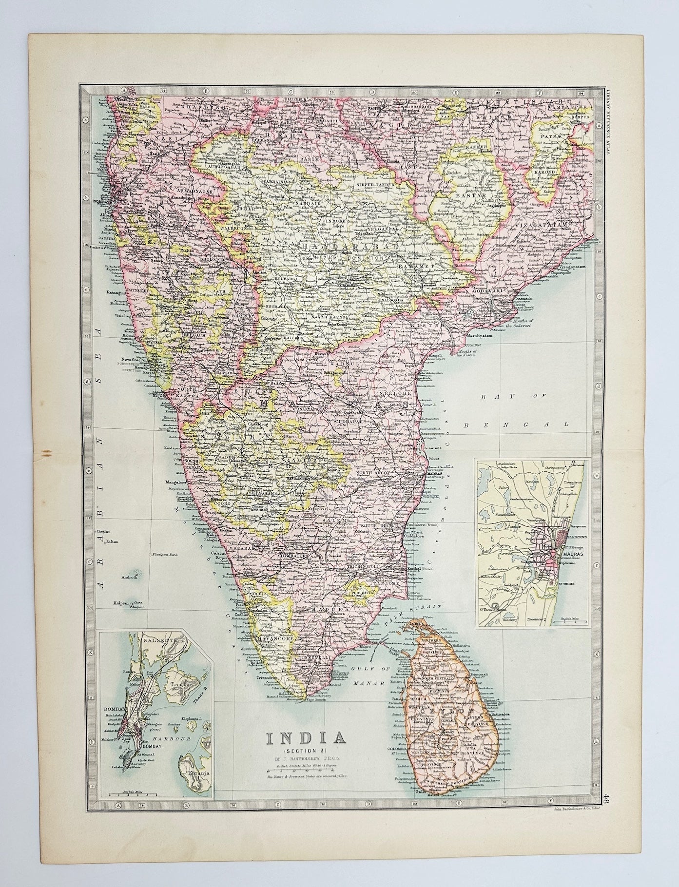 Original Antique Map - John Bartholomew - South India - Madras - Bombay - G3