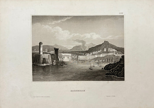 Original Antique Engraving - Karl Reiss - View of Marseille in France - E5