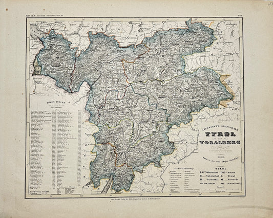 Antique Map - John Ravenstein - Tyrol Vorarlberg - Meyers Hand-Atlas - G3