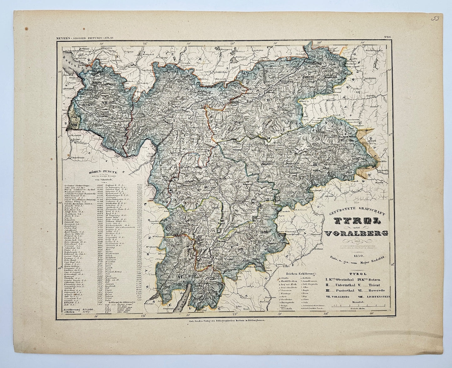 Antique Map - John Ravenstein - Tyrol Vorarlberg - Meyers Hand-Atlas - G3