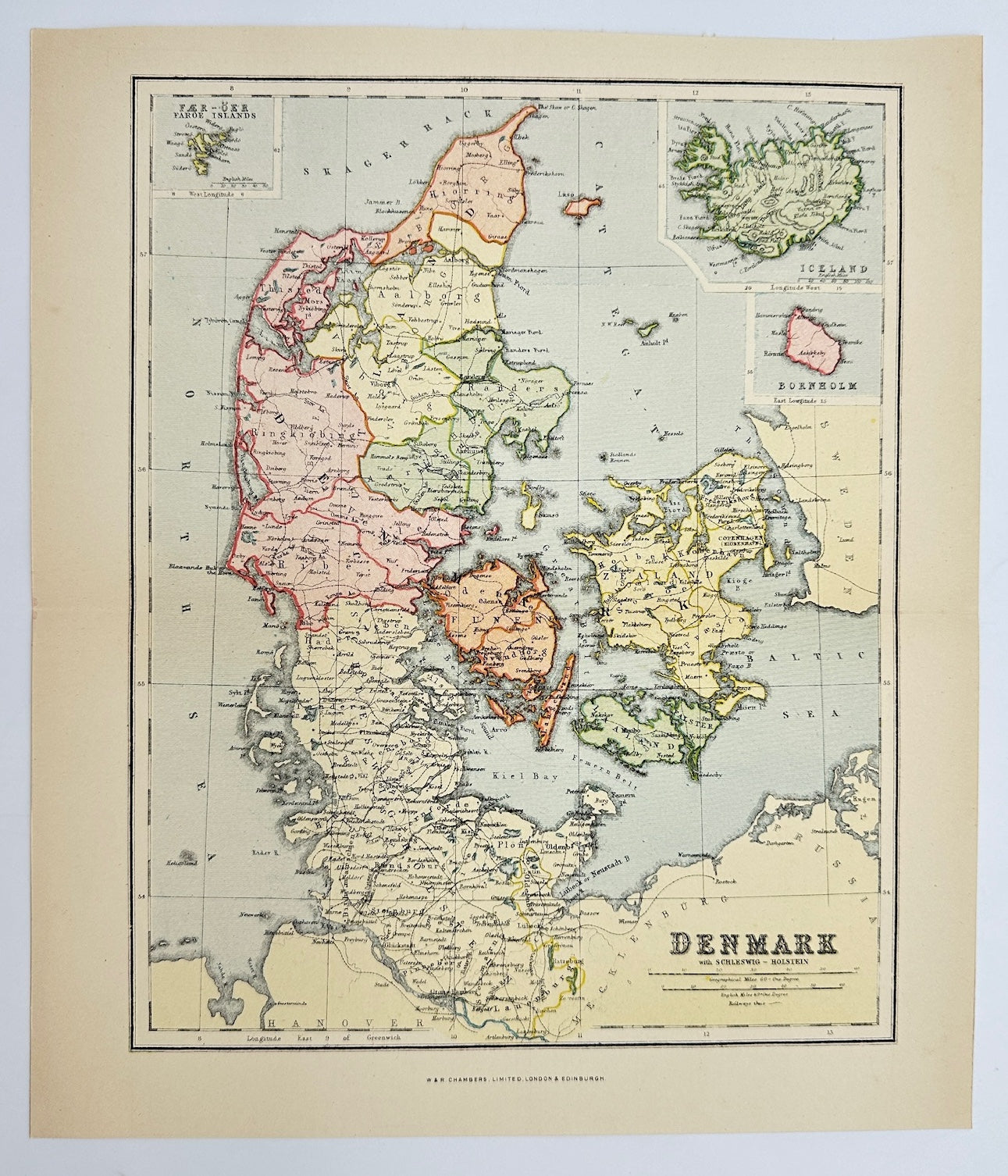 Original Antique Map - John Bartholomew - Denmark - Copenhagen - G3