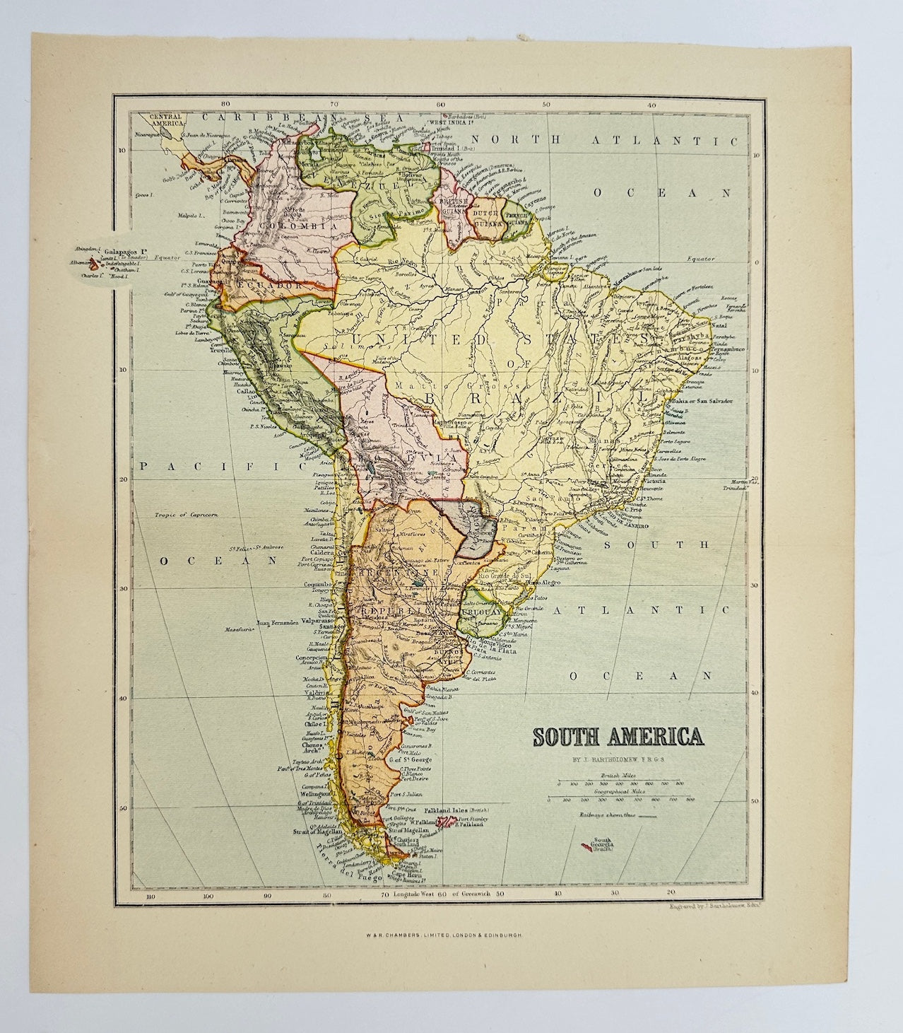 Original Antique Map - John Bartholomew - South America - Pacific Ocean - G3