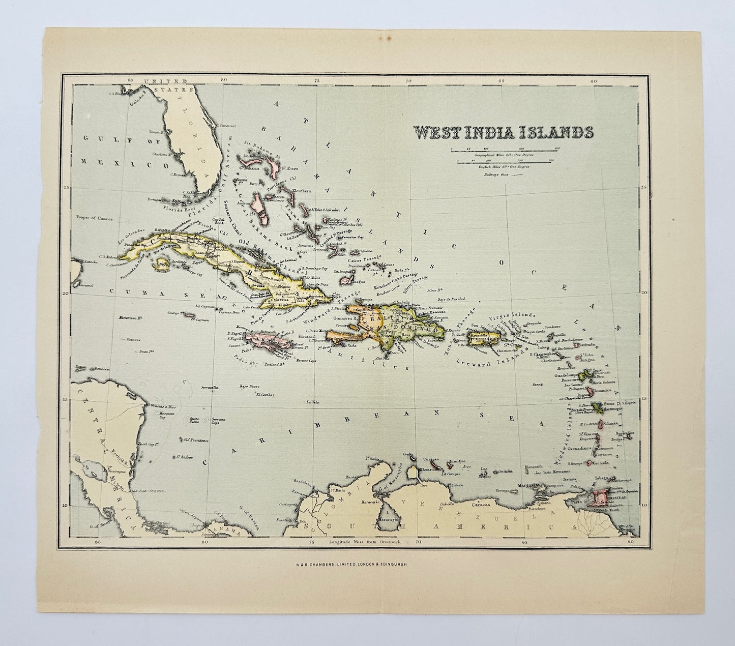 Antique Map - John Bartholomew - West India Islands - Caribbean Sea - G3