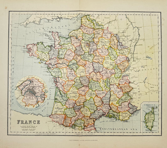 Original Antique Map - John Bartholomew - France - Paris - Atlantic Ocean - G3