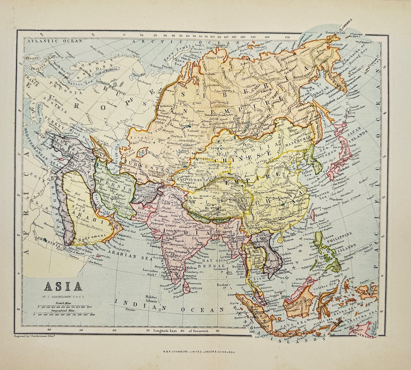 Original Antique Map - John Bartholomew - Asia - Indian Ocean - China - G3