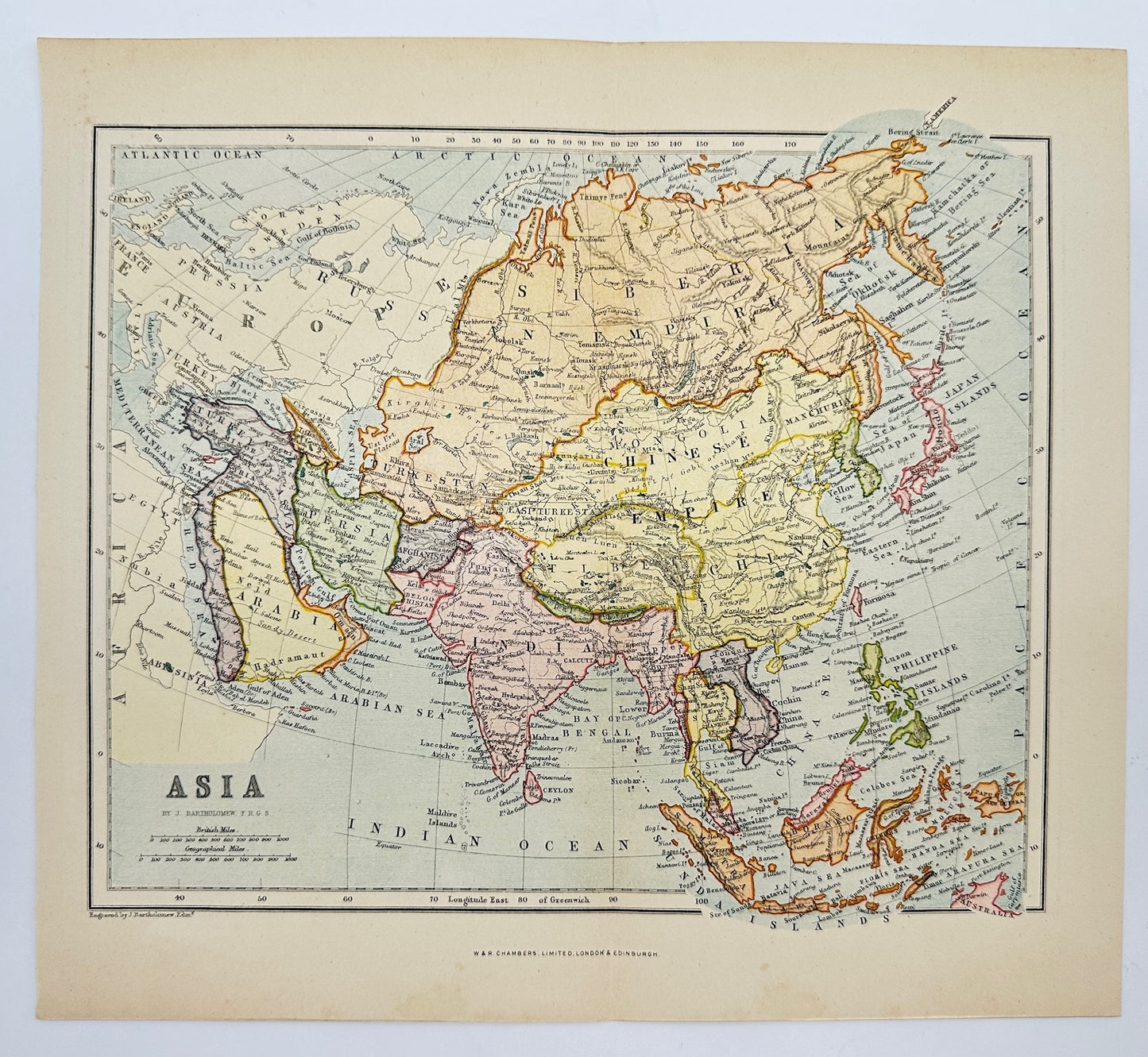 Original Antique Map - John Bartholomew - Asia - Indian Ocean - China - G3