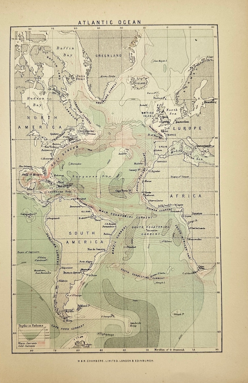 Original Antique Map - W. & R. Chambers - Atlantic Ocean - G3