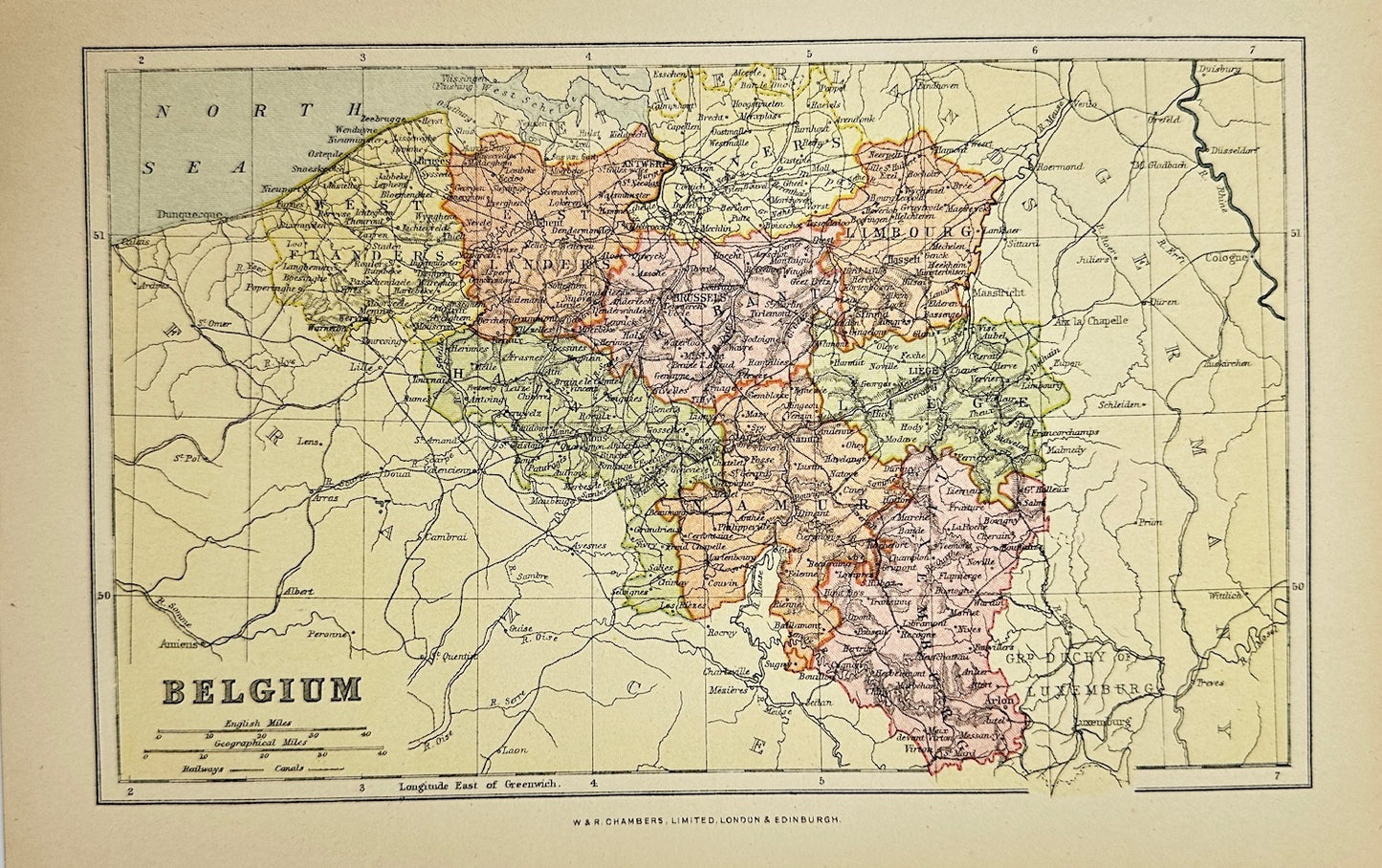 Original Antique Map - W. & R. Chambers - Belgium - Brussels - Europe - G3
