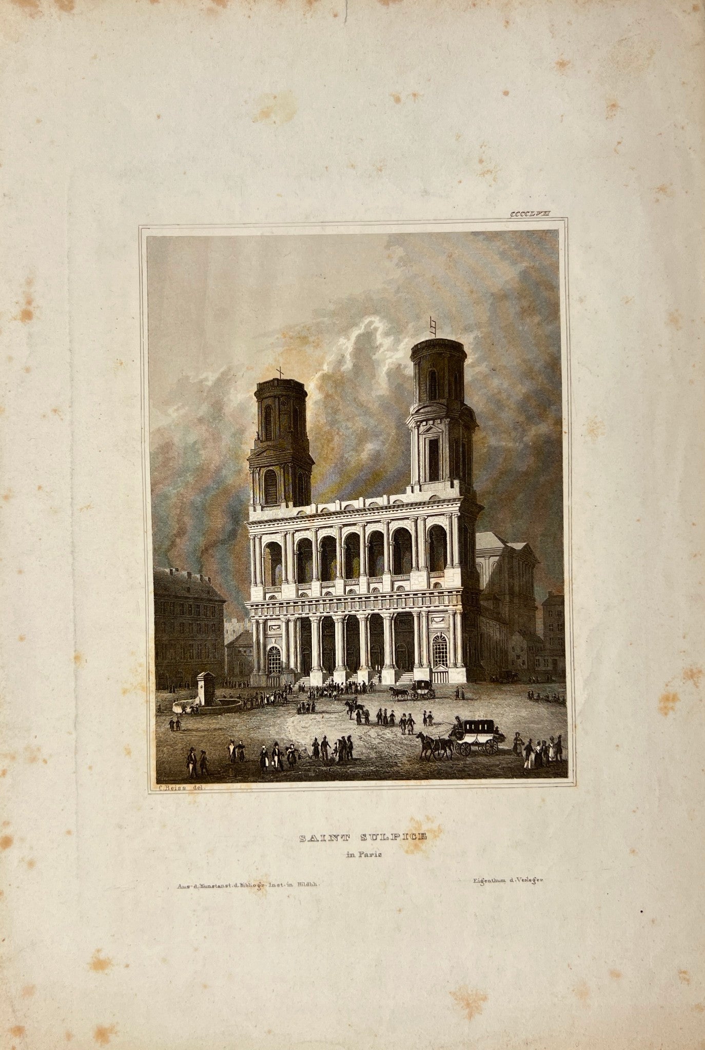 Original Antique Engraving - Carl Joseph Meyer - Saint Sulpice in Paris - E5