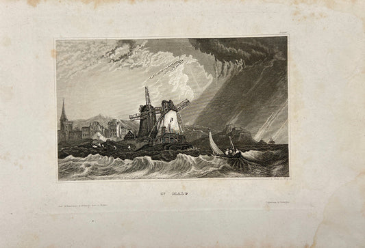 Antique Engraving - Carl Joseph Meyer - View of Saint Malo in France - E5