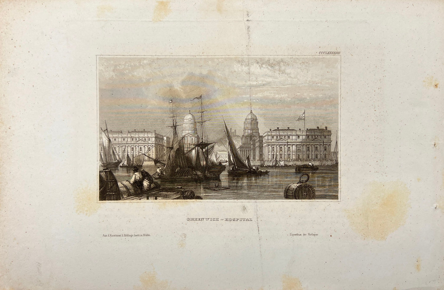 Original Antique Engraving - Carl Joseph Meyer - Greenwich-Hospital - E5