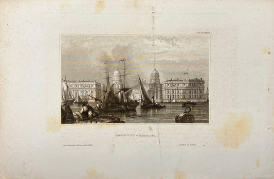 Original Antique Engraving - Carl Joseph Meyer - Greenwich-Hospital - E5
