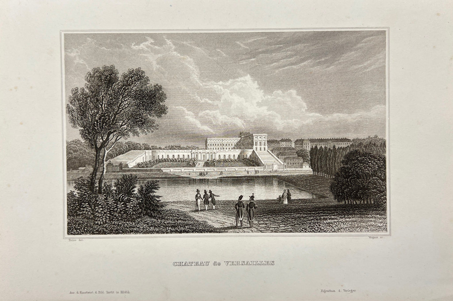 Antique Engraving - Carl Joseph Meyer - View of Castle of Versailles - E5