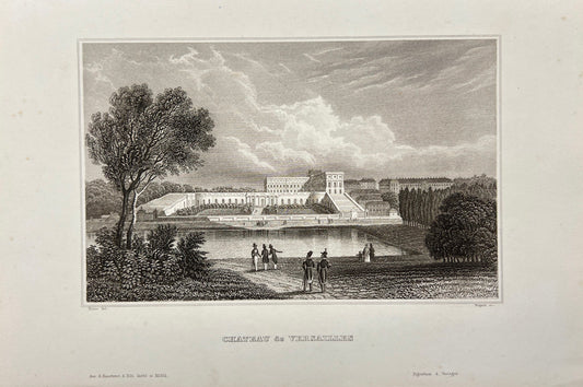 Antique Engraving - Carl Joseph Meyer - View of Castle of Versailles - E5