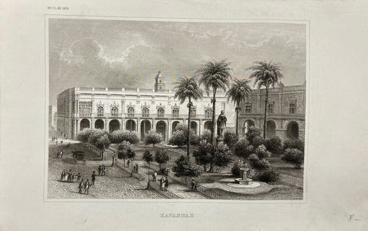 Original Antique Engraving - Carl Joseph Meyer - Plaza de Armas - Havana - E5