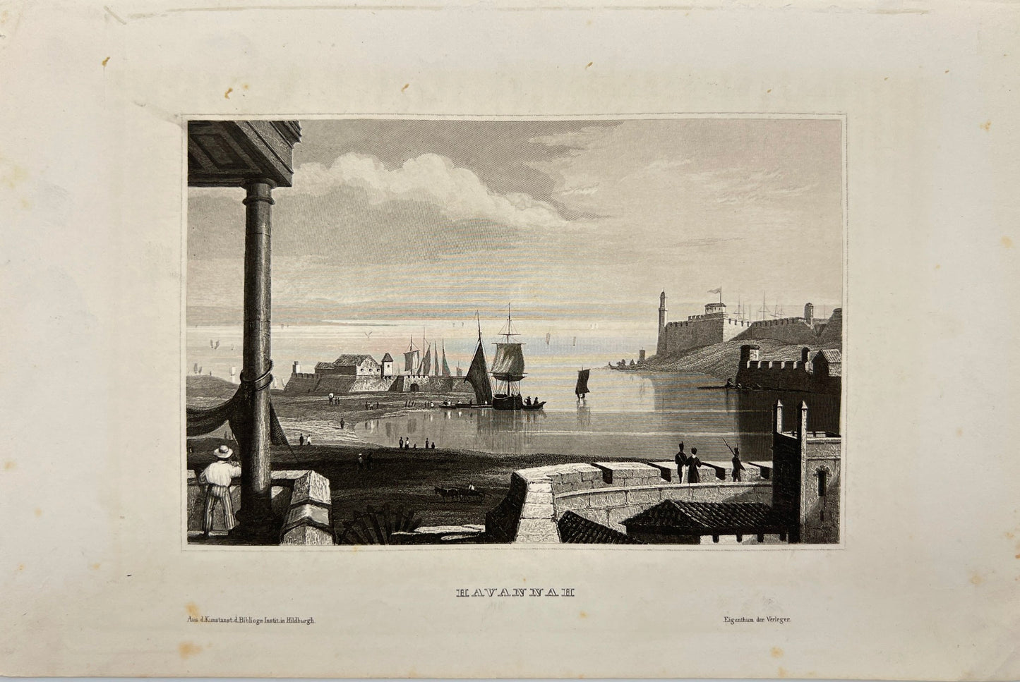 Antique Engraving - Carl Joseph Meyer - View of Bahia de Havana - Cuba - E5