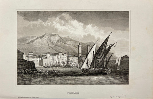 Original Antique Engraving - Carl Joseph Meyer - View of Toulon in France - E5