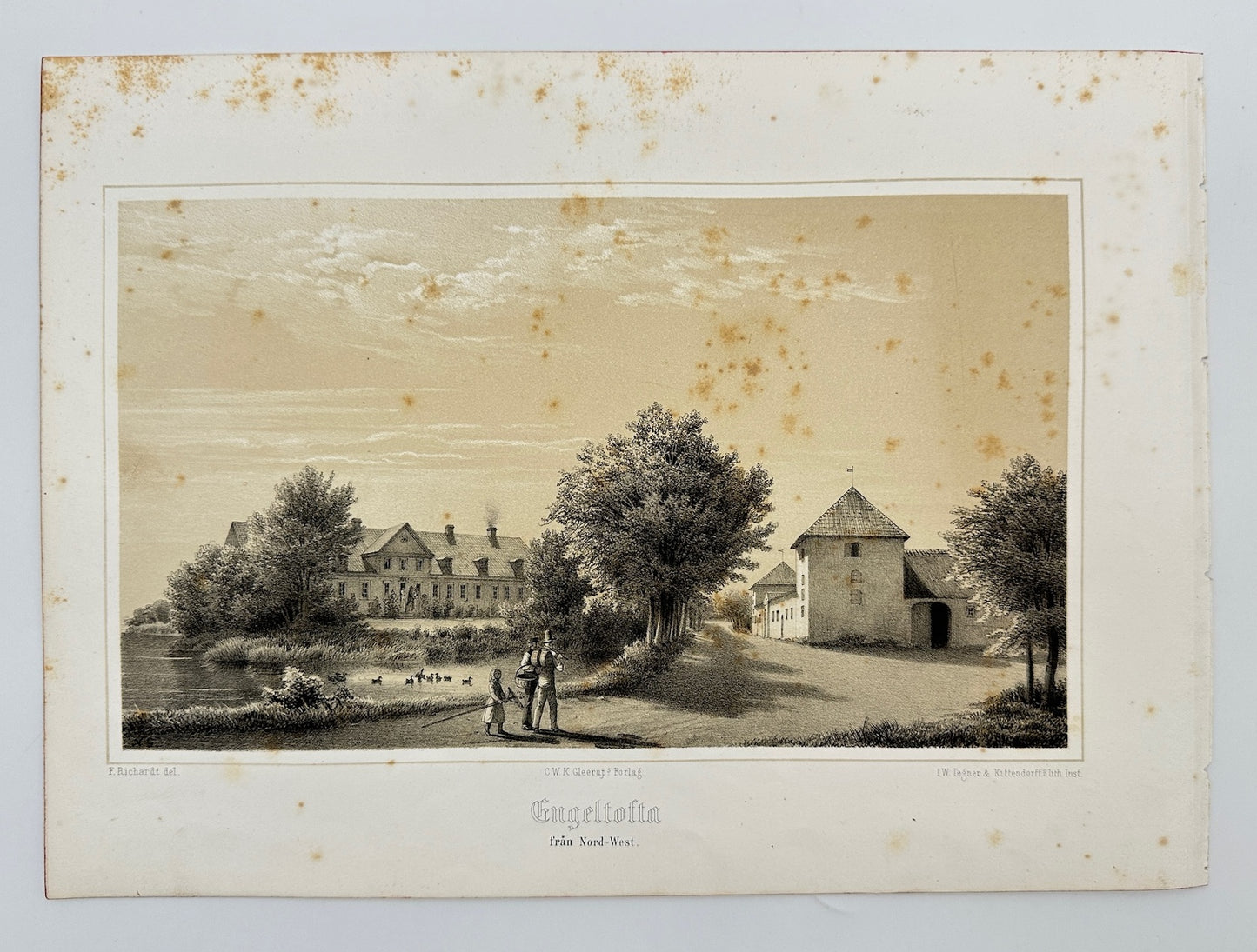 Original Antique Print - Ferdinand Richardt - View of Engeltofta - Sweden - F3