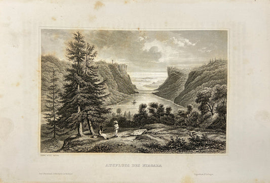 Original Antique Engraving - Carl Joseph Meyer - Outflow of the Niagara - E5