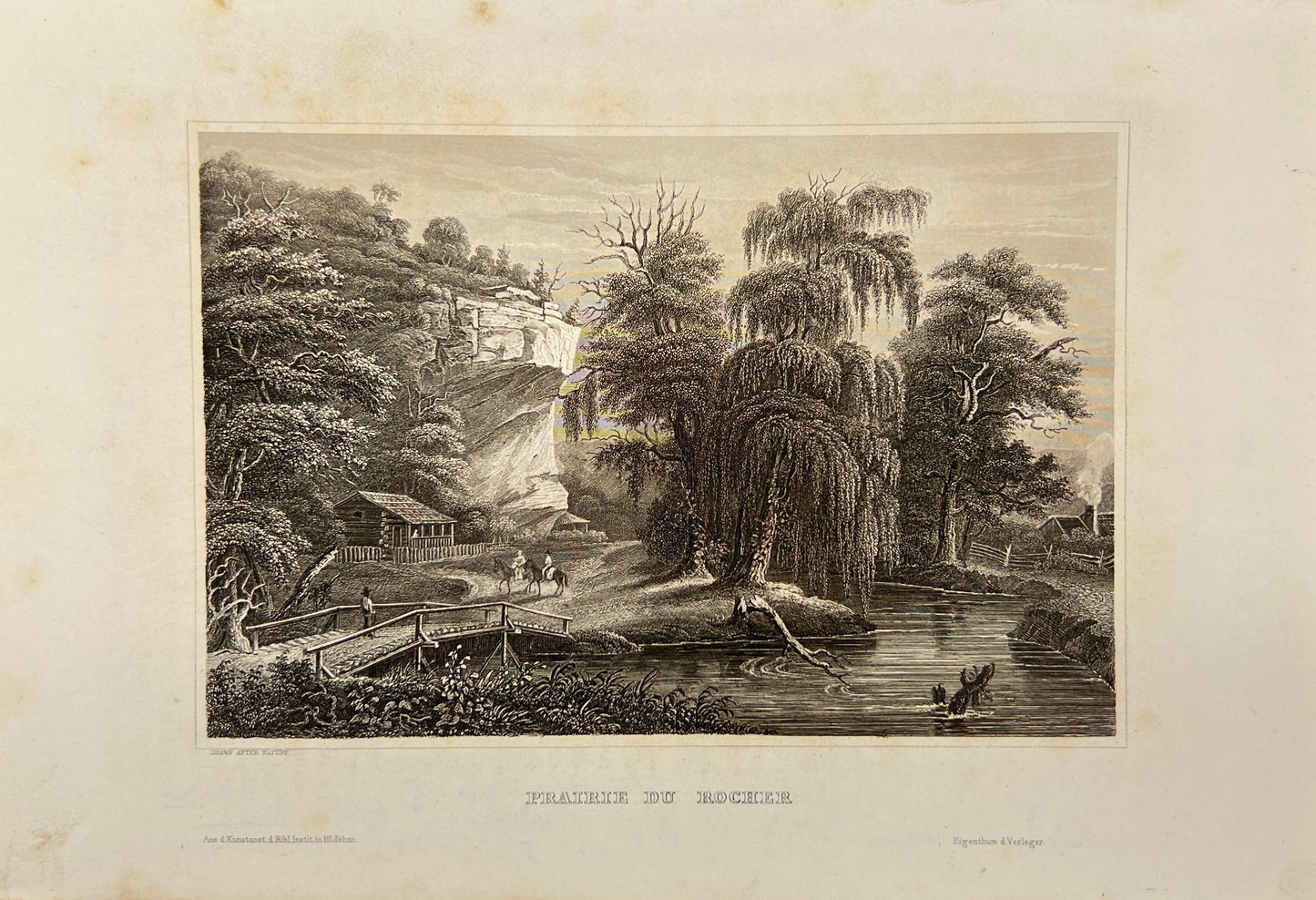 Antique Engraving - Carl Joseph Meyer - Prairie du Rocher in France - E5