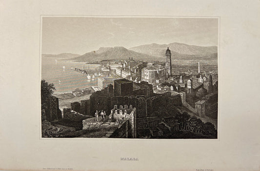 Original Antique Engraving - Carl Joseph Meyer - View of Malaga in Spain - E5
