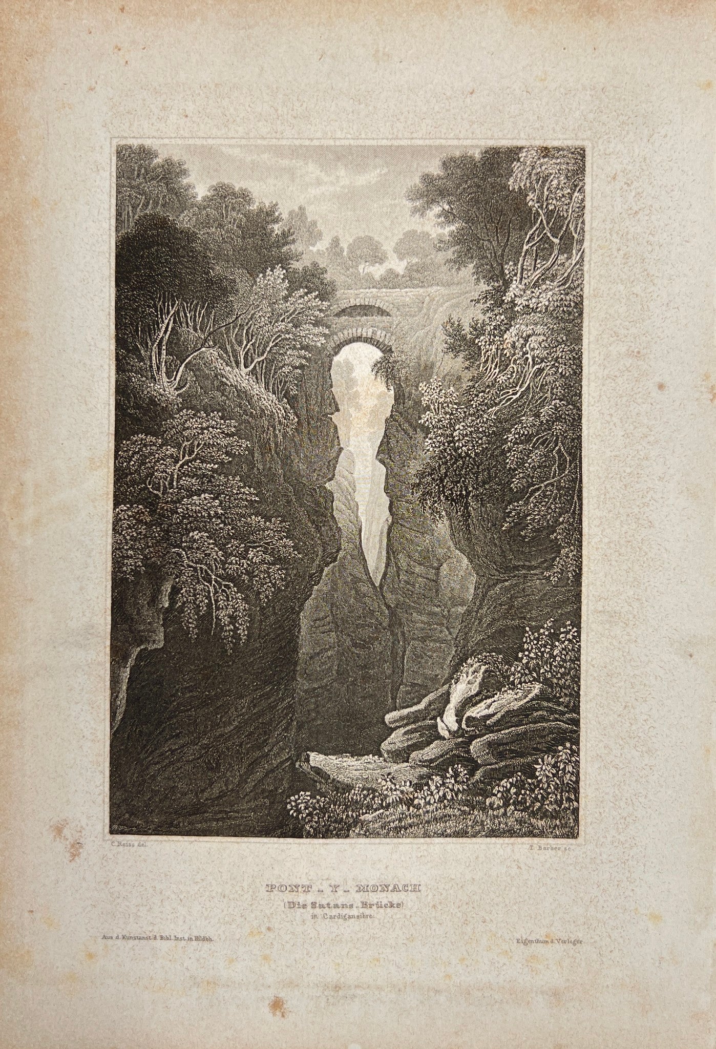 Antique Engraving - Karl Reiss - View of Pont-Y-Monach (Satan's Bridge) - E5