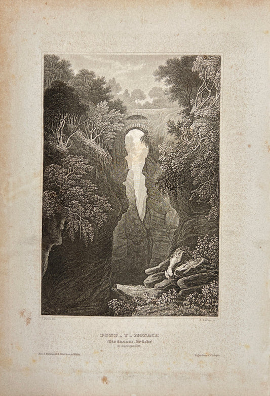 Antique Engraving - Karl Reiss - View of Pont-Y-Monach (Satan's Bridge) - E5