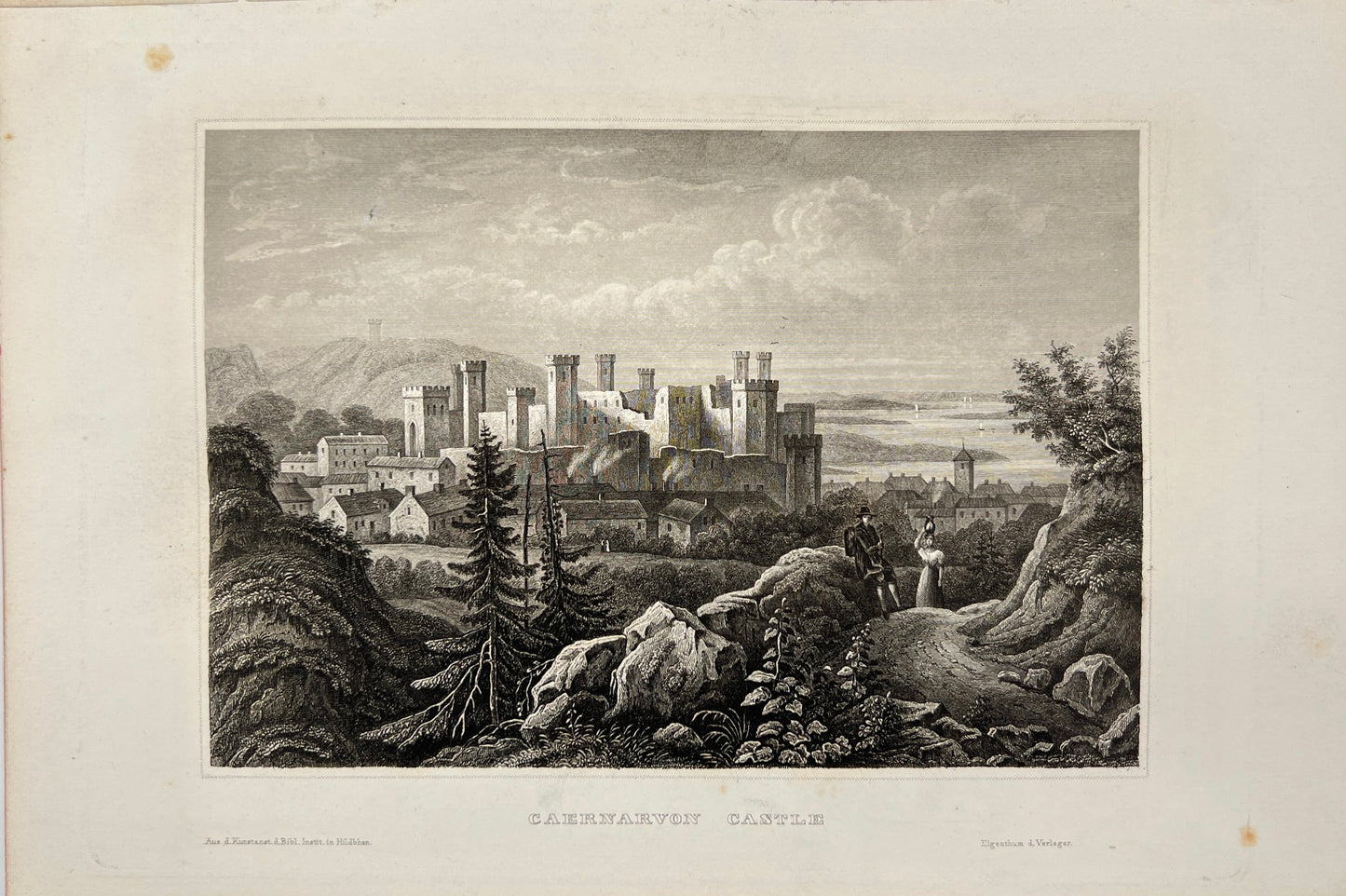 Antique Engraving - Karl Reiss - View of Caernarvon Castle - Great Britain - E5